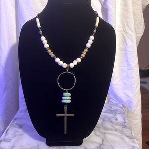 Vintage Southwest Fashion Faith Necklace Brass Turquoise White Howlite Coloring